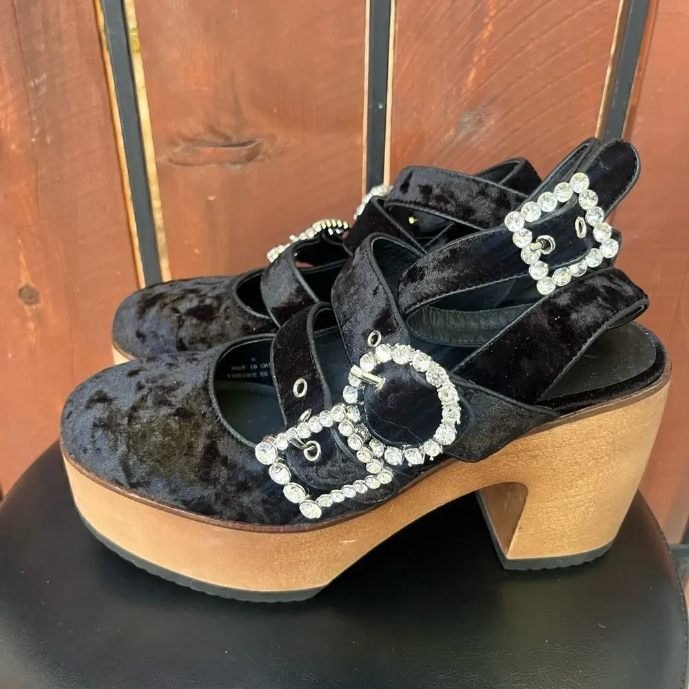 Jeffrey Campbell Velvet Platform Clog with crystal buckles size 8